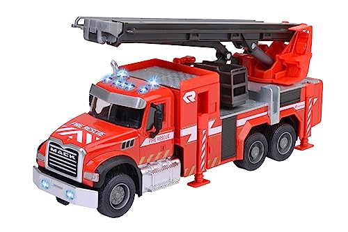 Majorette - Feuerwehrauto ab 3 Jahre (22 cm) - voll ausgestatteter Mack Granite Feuerwehr-Truck für Kinder, mit ausziehbarer Leiter (35 cm), Korb, Gummireifen, Blaulicht & Sirene von Majorette