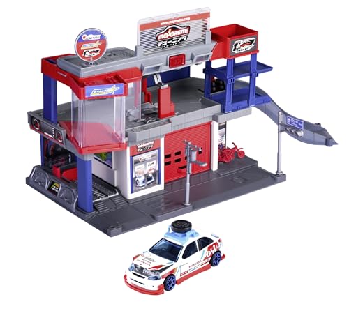 Majorette - Japan Series Tuning-Parkhaus für Kinder ab 5 Jahre (45,5x35,5 cm) - 2-stöckige Parkgarage mit Aufzug, Rampe, Licht und Sound - inklusiv Tuning-Auto Honda Civic Type R EK9 von Majorette