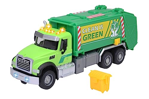Majorette - Mack Granite Müllauto (22cm) - große Spielzeug-Müllabfuhr mit realistischer Kipp- und Entleer-Funktion inkl. Mülltonne, mit Licht & Sound, für Kinder ab 3 Jahre, Weißen von Majorette