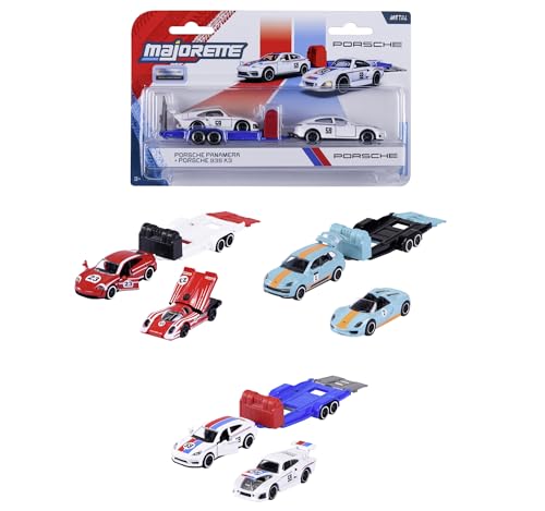 Majorette Porsche Deluxe Trailer, Zufällige Auswahl aus 1 von 3 verschiedenen Spielzeugautos von Majorette