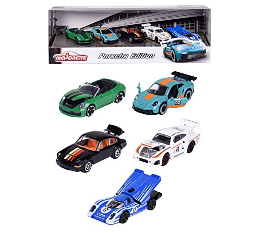 Majorette - Porsche Geschenk-Set (5er-Set Spielzeugautos) - 5 Modellautos (je 7,5, cm) inkl. 2 exklusiver Automodelle, für Kinder ab 3 Jahre, Blau,grün,schwarz,weiß von Majorette