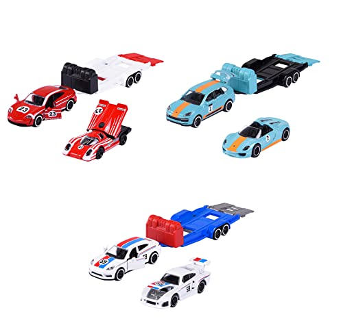 Majorette - Porsche Race Trailer Set (3 Fahrzeuge) - 2 Spielzeugautos & 1 Anhänger (3 Varianten, zufällige Auswahl), Spielzeug für Kinder ab 3 Jahre von Majorette