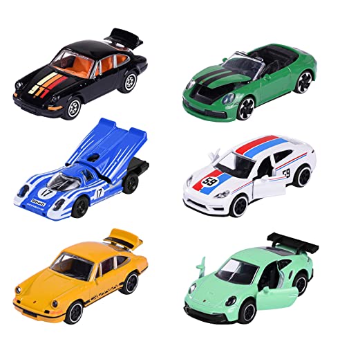 Majorette - Porsche Spielzeugauto (1 Auto) inkl. Sammelkarte - Premium Porsche Modellauto (6-Fach sortiertes Set, zufällige Auswahl), 7,5 cm, für Kinder ab 3 Jahre, Blau,grün,weiß von Majorette