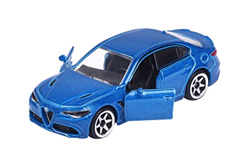 Majorette – Premium Cars – Alfa Romeo Giulia Spielzeugauto (7,5 cm), mit Sammelkarte, Freilauf, zu öffnende Teile und Federung, kleines Modellauto für Kinder ab 3 Jahren, Blau,transparente von Majorette