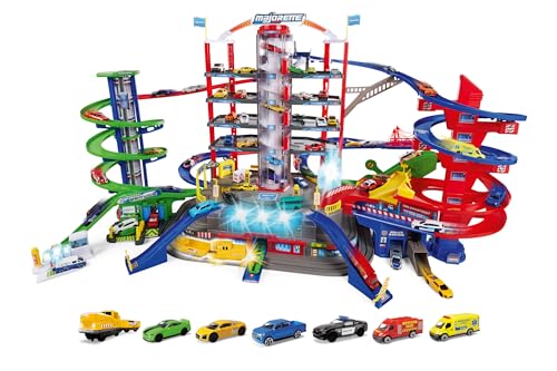 Majorette Super City Garage, motorisierte Bahn für Modellautos mit Parkplätzen und Eisenbahn, Parkhaus für Die-cast Autos, Spielzeug als Geschenk für Jungen und Mädchen, ab 5 Jahren, mehrfarbig von Majorette