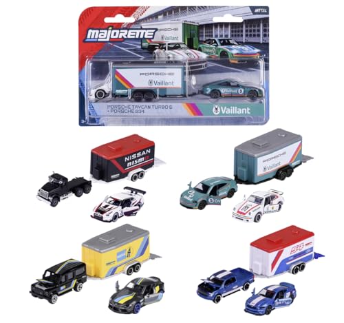 Majorette Trailer Ride Wild Racing 1:64, mit 2 Metallautos, 3-teiliges Set mit Freilauf, offizielle Lizenzen, zufällige Lieferung zwischen 4 Modellen, ab 3 Jahren (8502003001) von Majorette