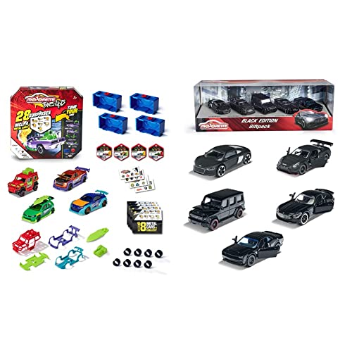 Majorette – Tune Ups Series 1, 4er Set mit 28 Überraschungen, Spielzeugautos aus Metall zum Tunen, 4 von 18 Autos im Überraschungspack & Black Edition 5er Geschenkset, 5 Fahrzeuge, 7,5 cm von Majorette