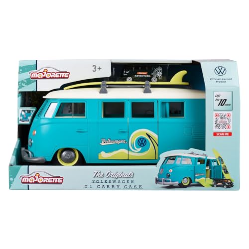 Majorette - Volkswagen The Originals T1 Auto-Transporter - großes Car Carry Case (32,5 cm) zur Aufbewahrung von bis zu 10 Spielzeugautos, inkl. Modellauto & Stickerbogen, für Kinder ab 3 Jahre, Blau von Majorette