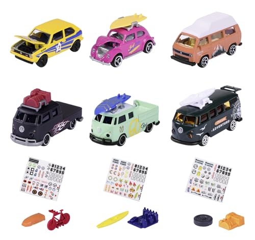 Majorette – Volkswagen The Originals 2er-Set – 2 von 6 zufälligen VW-Modellautos, Maßstab 1:64, mit Stickerbogen und offizieller VW Lizenz, hochdetaillierte Spielzeugautos von Majorette