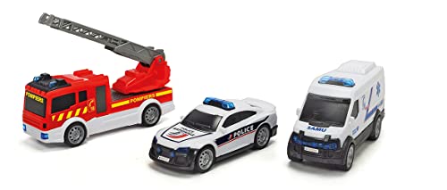 Dickie Toys SOS Team Set 3-teilig – 3 Rettungsfahrzeuge – Feuerwehrauto, Polizeiauto und SAMU – 203712015002, Mehrfarbig von Dickie Toys