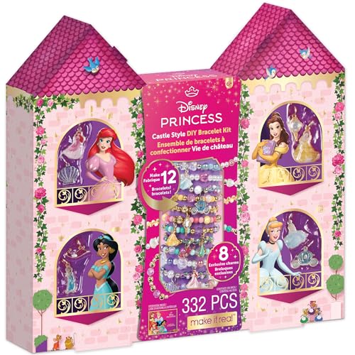 Make It Real 4227 12 Stück DIY Armbänder Disney Prinzessinnen Schloss, 332 Teile, Armbandbastelset für Mädchen, Perlenset und Charms für DIY Schmuckherstellung, ab von Make It Real