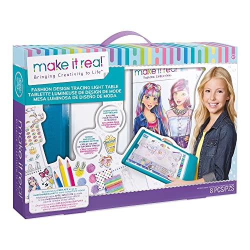 Make It Real Mega-Ausmalset für Kinder mit beleuchtetem, tragbarem Tisch – Das Modedesign-Set enthält farbige Stifte, Skizzenbuch, Schablonen, Aufkleber & Design-Leitfaden – Kunst- und Bastelarbeiten für Kinder von Make It Real