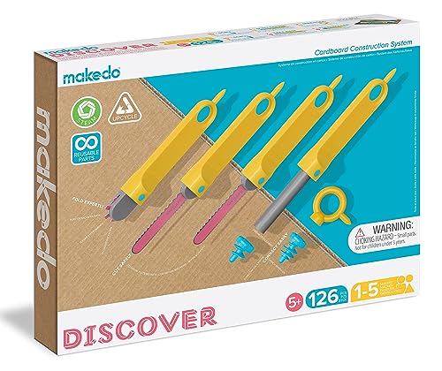 Makedo - Konstruktionsspielzeuge für Pappe, Kinderspiele ab 5, Mint-Lernspielzeug, perfekt für das kreative Spielen zu Hause - 126-teiliger Werkzeugsatz - Discover Packung von Makedo