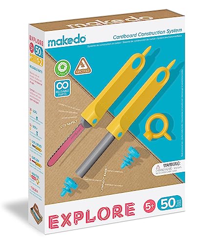 Makedo - Konstruktionsspielzeuge für Pappe, Kinderspiele ab 5, Mint-Lernspielzeug, perfekt für das kreative Spielen zu Hause - 50-teiliger Werkzeugsatz - Explore Packung von Makedo