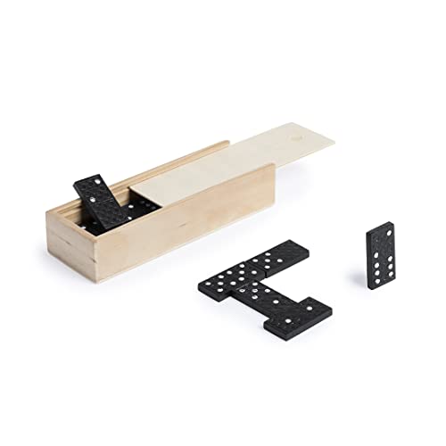 Makito Klassische Dominosteine aus Holz, 28-teilig, kleine Dominosteine / Reise. Schwarze Teile mit weißen Details. Präsentiert in einem Holzetui mit Deckel. von Makito