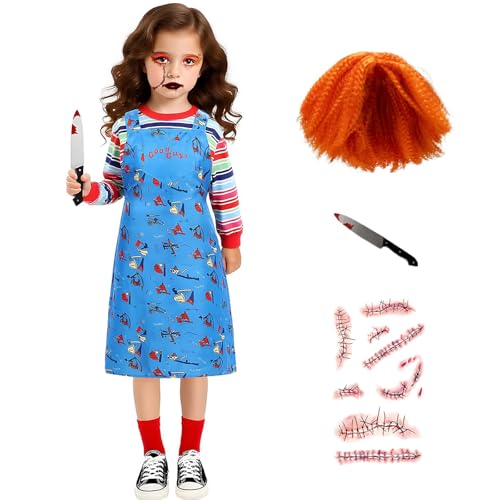 Makoike Chucky-Kostüm für Kinder, Horror-Killer-Puppe, Kleid mit Regenbogen-Shirt, Narbenaufkleber, Halloween-Kostüm-Requisiten von Makoike