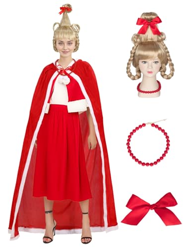 Makoike Cindy Lou Who-Kostüm, 4 Stück, Weihnachten, roter Kapuzenmantel, Umhang, Perücke, Halskette, Schleife, Halloween-Kostüme, Erwachsene, Kinder (Erwachsene) von Makoike