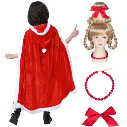 Makoike Cindy Lou Who-Kostüm, 4 Stück, Weihnachten, roter Kapuzenmantel, Umhang, Perücke, Halskette, Schleife, Halloween-Kostüme, Erwachsene, Kinder (Kinder) von Makoike