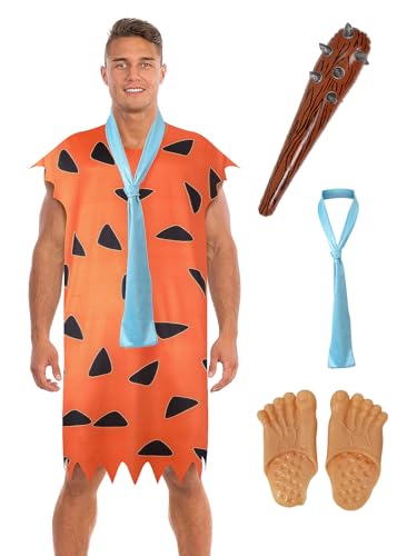 Makoike Fred-Kostüm für Erwachsene, Höhlenmensch-Kostüm, Orange, Tunika mit Krawatte, aufblasbare Streitkolbenfüße, Halloween-Outfits, Cosplay-Requisiten, 4 Stück Makoike Fred-Kostüm für Erwachsene, Höhlenmensch-Kostüm, Orange, Tunika mit Krawatte, aufblasbare Streitkolbenfüße, Halloween-Outfits, Cosplay-Requisiten, 4 Stück von Makoike