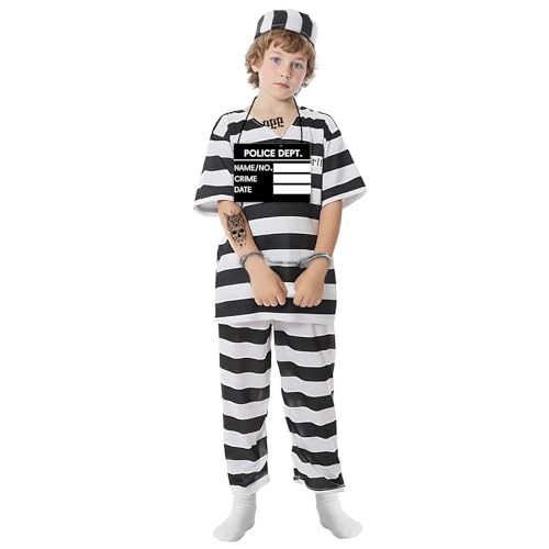 Makoike Gefangenenkostüm für Kinder, 7-teilig, Gefängnisinsassenkostüm, Sträflings-Uniform, gestreifte Räuber-Outfits, Halloween, Cosplay, Requisiten Makoike Gefangenenkostüm für Kinder, 7-teilig, Gefängnisinsassenkostüm, Sträflings-Uniform, gestreifte Räuber-Outfits, Halloween, Cosplay, Requisiten von Makoike