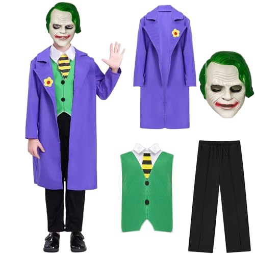 Makoike Joker-Kostüm für Kinder, Ritter-Kostüm, gruseliger Killer, Clown, Maske, Weste, Mantel, Hose, Halloween-Kostüm, Cosplay, Requisiten, 4 Stück Makoike Joker-Kostüm für Kinder, Ritter-Kostüm, gruseliger Killer, Clown, Maske, Weste, Mantel, Hose, Halloween-Kostüm, Cosplay, Requisiten, 4 Stück von Makoike