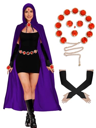 Makoike Rabenkostüm für Damen, violett, mit Kapuze, Anime, Hexen, Rabe, Umhang, Gürtel, Handschuhe, roter Edelstein, Halloween-Kostüm, Karnevals-Requisiten von Makoike