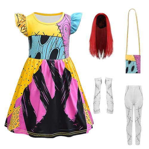 Makoike Sally Kostüm für Kinder, Mädchen, Albtraum, Weihnachten, Sally-Kleid, Perücke, Tasche, Strumpfhose, Handschuhe, Halloween-Kostüm, Cosplay, Outfit, 4–11 Jahre, 5-teilig von Makoike