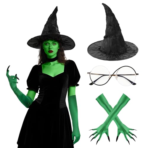 Makoike Wicked Witch Costume Accessories Elphaba Costume Witch Hat Green Claw Gloves Glasses Socks Halloween Cosplay Props (3Pcs) von Makoike