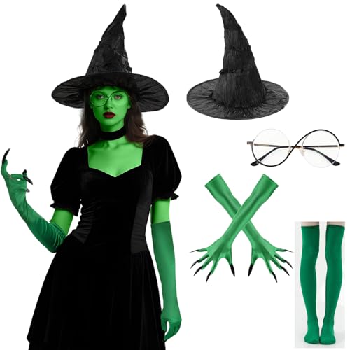 Makoike Wicked Witch Costume Accessories Elphaba Costume Witch Hat Green Claw Gloves Glasses Socks Halloween Cosplay Props (4Pcs) von Makoike