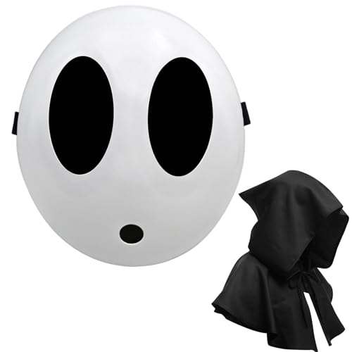 Shy Guy Maske mit Umhang, Anime, weiße Maske, Halloween, Weihnachten, Karneval, Kostüm, Cosplay, Requisiten (2 Stück, Jungen, schwarz) von Makoike