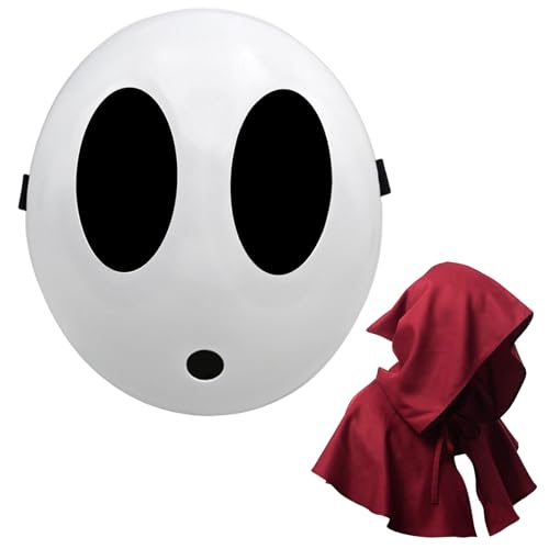 Shy Guy Maske mit Umhang, Anime, weiße Maske, Halloween, Weihnachten, Karneval, Kostüm, Cosplay, Requisiten (2 Stück, rot, Jungen) von Makoike