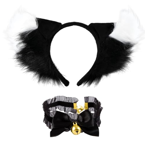 Makone Fuchs Ohren Haarband Handgemachte Wolf Fuchs Ohren Haarband, Cosplay Fuchs KostüM Geeignet FüR MäDchen Damen Und Kinder(schwarz-weiß) von Makone