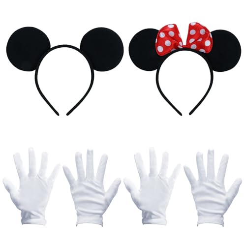 Makone Mickey Mouse Ears Mit Roter Schleife Und WeißEn Punkten + Mickey Mouse Ohren In Schwarz + 2 Paar WeißE Handschuhe FüR Erwachsene von Makone