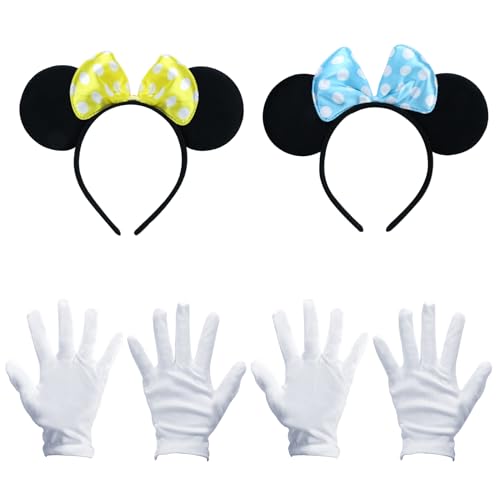 Makone Mickey Mouse Ohren Mit Blau | Gelb Schleife Und WeißEn Punkten + 2 Paar WeißE Handschuhe FüR Erwachsene von Makone