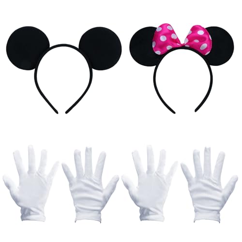 Makone Minnie Mouse Ears Mit Rosa Schleife Und WeißEn Punkten + Minnie Mouse KostüM In Schwarz + 2 Paar WeißE Handschuhe FüR Erwachsene von Makone
