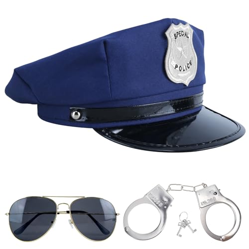 Makone Polizei Kostüm Dreiteiliges Set: Polizei Mütze, Schirme, Handschellen - Echt Stahl, Police Costume für Frau oder Mann oder Kind - Halloween Kostüme (Blau, Schwarz) von Makone