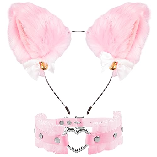 Makone katzenohren Katze Cosplay Set mit Herz Halskette und katzenohren Haarreif, Niedlich Cat Ears Haarschmuck Halloween Kostüm Anime Cosplay Mädchen Damen und Kinder(rosa) von Makone