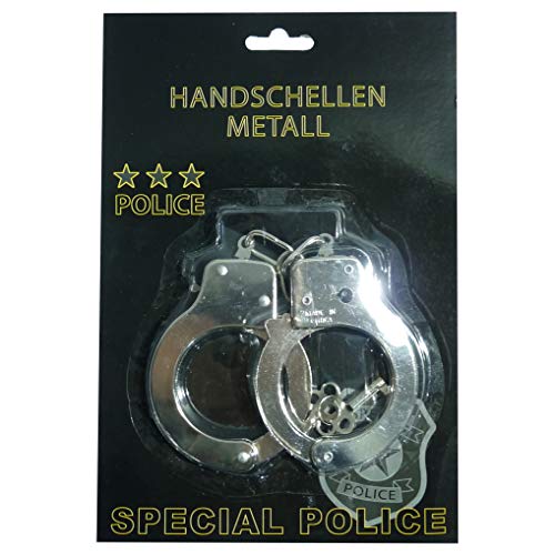 Makotex Handschellen Metall, mit Schlüssel | Handfesseln | Handschließen | Polizeikostüm | Sträfling | Karneval | Fasching | Motto Party | Halloween (Metall 126g) von Makotex