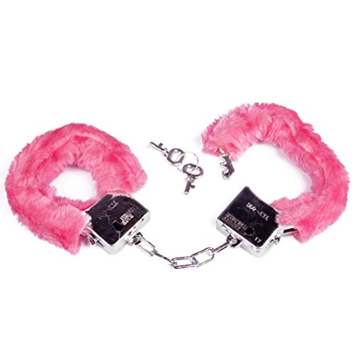 Makotex Handschellen Metall, mit Schlüssel | Handfesseln | Handschließen | Polizeikostüm | Sträfling | Karneval | Fasching | Motto Party | Halloween (Plüsch pink) von Makotex