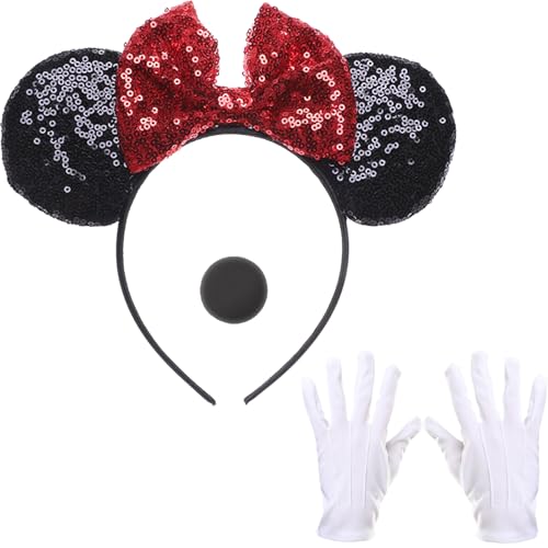 3-teiliges Mini Maus Haarreifen, mit Glitzer Maus Ohren Roter Schleife, weiße Handschuhe und schwarze Mäusenase,für Cosplay-Kostüme, Verkleidungszubehör Partys, Festivals von Makoto Nobu