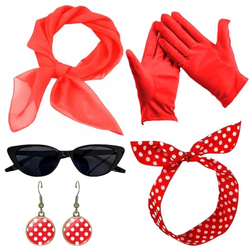 50er Jahre Accessoires Damen, 5 Stück 1950s Kostüm Damen Zubehör, mit Chiffon Schal, Katzen Auge Brille, Polka Dots Stirnband Ohrstecker,Handschuh, Bandana Krawatte,für Retro Accessoires,Karneval 50er Jahre Accessoires Damen, 5 Stück 1950s Kostüm Damen Zubehör, mit Chiffon Schal, Katzen Auge Brille, Polka Dots Stirnband Ohrstecker,Handschuh, Bandana Krawatte,für Retro Accessoires,Karneval von Makoto Nobu
