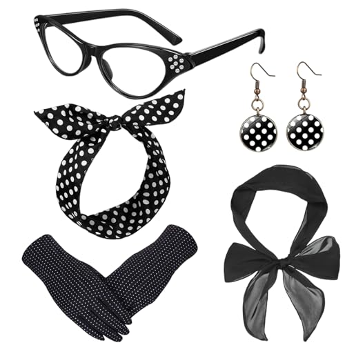 Makoto Nobu 5 Stücke Rockabilly Accessoires Damen, 50er Jahre Kostüm Damen Vintage Kleidungszubehör, 1950s Kostüm Set mit Chiffon Schal Handschuhe Sonnenbrille Polka Dot Bandana Ohrringe von Makoto Nobu