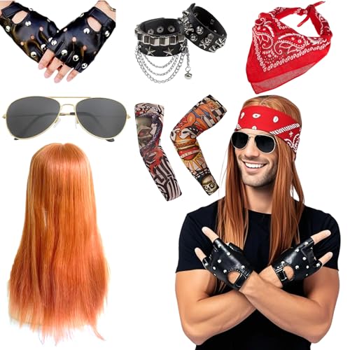 Rocker Outfit Herren, Rocker Herren Rockstar Kostüm, 70er 80er 90er Disco Kostüm Party, Armband Kopftuch Sonnenbrille Handschuhe Tattoo Ärmel für Rollenspiel, Halloween, Fasching, Kostümfeste von Makoto Nobu