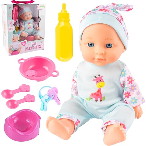 MalPlay Babypuppe Fütternde in Kleidung Töpfchen Flasche Besteck Zubehör weiche, ab 3 Jahren Geschen von MalPlay