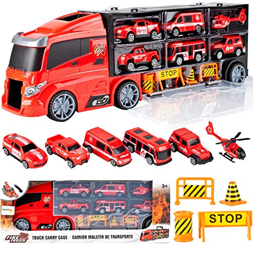 MalPlay Feuerwehrauto Set | Transporter Spielzeug | Transport-LKW Autotransporter mit 5 Stück Mini Autos und Helikopter | Länge 53 cm | ab 3 Jahren | Geschenk für Kinder MalPlay Feuerwehrauto Set | Transporter Spielzeug | Transport-LKW Autotransporter mit 5 Stück Mini Autos und Helikopter | Länge 53 cm | ab 3 Jahren | Geschenk für Kinder von MalPlay