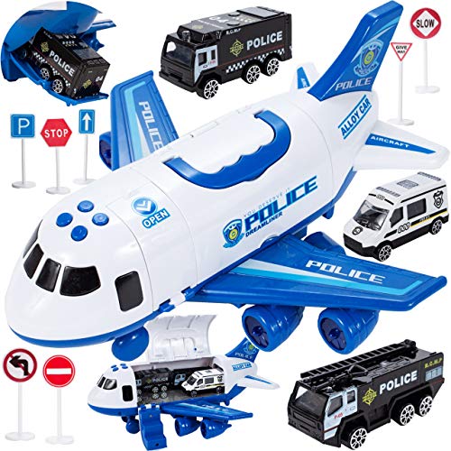 MalPlay Flugzeug mit Fahrzeugen | inkl. 3 Polizeiwagen | Lernspielzeug ab 3 Jahren | Geschenk für Kinder von MalPlay
