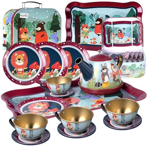 MalPlay Kinder Teeservice im Etui Metallservice Tassen Tiere Bunte Metall 15 TLG ab 3 Jahren von MalPlay