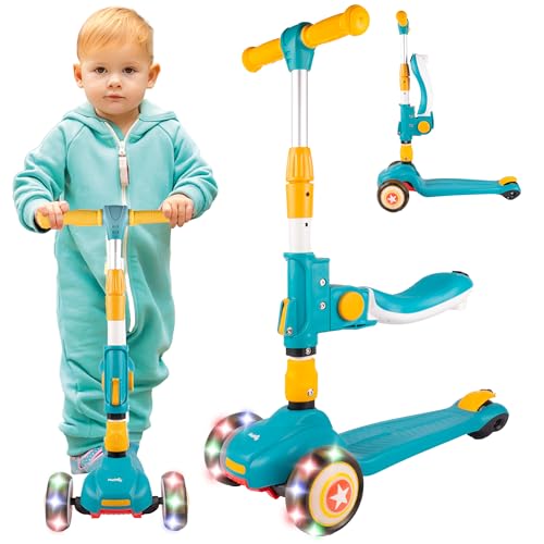 MalPlay Kinderroller Dreiradscooter Tretroller mit Sitz LED-Räder Blau-Gelb ab 2 Jahren bis 30 kg, Verstellbarer Lenker von MalPlay