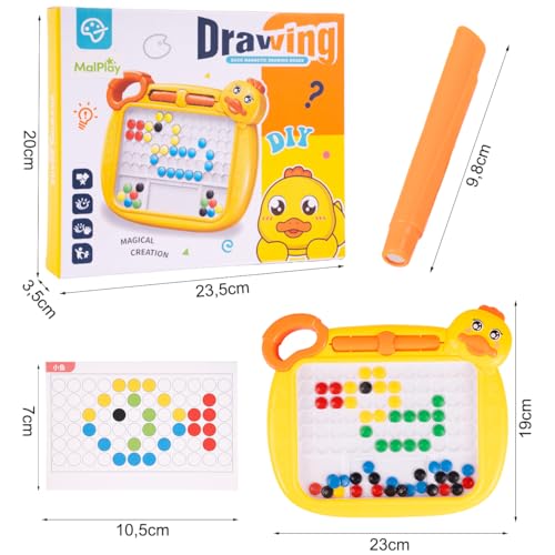 MalPlay Magnettafel Ente Magnetperlen Mosaikpuzzle, 8 Schablonen, gelb, Montessori für 3 4 5 6 Jahre Kinder von MalPlay