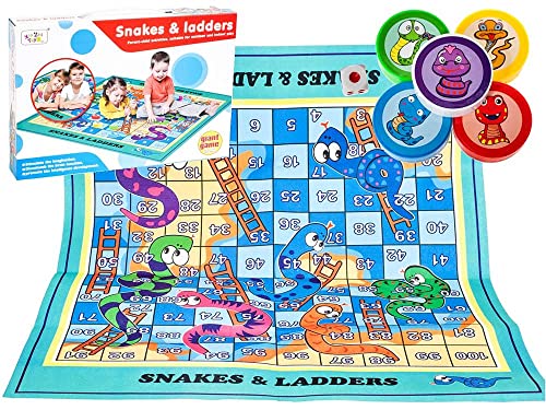 MalPlay Spielmatte Spielteppich Leiterspiel Schlangen und Leitern + Bauern, Würfel Gesellschaftsspiel für Familie und Freunde ab 6 Jahren von MalPlay